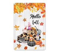 Thanksgiving Welcome Sign Leopard Farm Truck Metal Sign Hello Fall Tin Sign Pumpkin Gnome Maple Leaf Country Style Front Door Wall Art for Farmhouse Living Room Bathroom Garden 12x8in