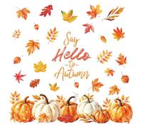 Thanksgiving Window Stickers Fall Pumpkin Maple Leaf Decals | Orange white pumpkins,colorful maple leaves,"Say Hello to Autumn",watercolor style,for window glass door storefront classroom