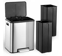 Thaookte 2 x 4 Gallon Dual Compartment Stainless Steel Kitchen Trash Can with Soft-Close Lid, Step Pedal & Removable Buckets - Space-Saving Recycling Bin for Home & Restaurant - Stainless Steel