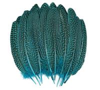 THARAHT 24pcs Aqua Blue Natural Spotted Feathers Guinea Fowl Wing Feathers 6-8 inch Bulk for Craft Clothing Jewelry DIY Decoration Guinea Fowl Wing Feathers