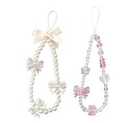Tharvolex Phone Charm, 2Pcs Crystal Pearl Bow Beaded Bracelet Phone Strap Anti-Lost Phones Lanyard Wrist Strap for Mobile Phones, Camera, Wallet, Keys, Handbag, Aesthetic Gift for Women Girls