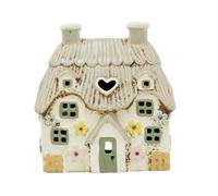 Thatched Cottage Tea Light Holder | 18cm Large Stoneware Ceramic House Tealight Candle Holder with Embossed Flowers