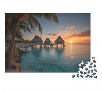 Thatched Huts on The Water, Sunset on The Horizon,Rätsel Für Erwachsene 1000pcs (75x50cm),Herausforderungsspiele