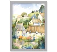 Thatched Roof Cottage House Village in Soft Pastel Colours Modern Watercolour Painting Artwork Framed Wall Art Print A4 Artery8 Light Grey One Size