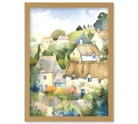 Thatched Roof Cottage House Village in Soft Pastel Colours Modern Watercolour Painting Artwork Framed Wall Art Print A4 Artery8 Light Oak One Size