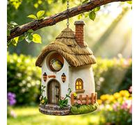 Thatched Roof White Resin Bird House, Weatherproof Hanging Nest Box for Small Wild Birds, Cute Garden Decor