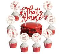 That's Amore Cake Cupcake Toppers Italian That's Amore Bridal Shower Party Decors 25Pcs Red Bow Cake Decorations Double-Sided Printing for Italian Pizza Bachelorette Wedding Engagement Party Supplies