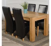 That's Furniture Kuba Medium Oak Dining Table with Lola Leather Chairs - 150x85x78cm - 4 chairs - Black