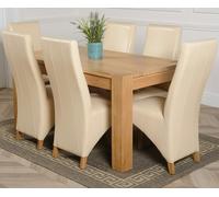 That's Furniture Kuba Medium Oak Dining Table with Lola Leather Chairs - 150x85x78cm - 6 chairs - Ivory