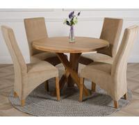 That's Furniture Oregon Round Oak Dining Table And 4 Chairs Dining Set With Lola Beige Fabric Chairs