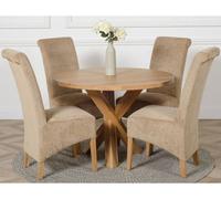 That's Furniture Oregon Round Oak Dining Table And 4 Chairs Dining Set With Montana Beige Fabric Chairs