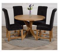 That's Furniture Oregon Round Oak Dining Table And 4 Chairs Dining Set With Washington Black Fabric Chairs