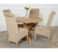 That's Furniture Oregon Round Oak Dining Table with Montana Fabric Chairs - 1 - 4 chairs - Beige