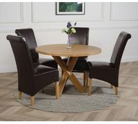 That's Furniture Oregon Round Oak Dining Table with Montana Leather Chairs - 1 - 4 chairs - Brown