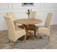 That's Furniture Oregon Round Oak Dining Table with Montana Leather Chairs - 1 - 4 chairs - Ivory