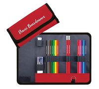 That's My Pencil - Personalised Wrap-Around Pencil Case with 12 Colouring Pencils, 2 HB Pencil Embossed with Name Plus Helix Eraser and Metal Sharpener (Red)