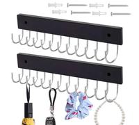 Thatyro 2 Pack Black Wooden Necklace Holder Wall, Wall-Mounted Necklace Hanger with 12 Hooks & Screws, Tangle-Free Jewelry Wall Organizer Rack for Hanging Belt Closet Purse Tie Earring Key (1)