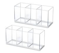 Thatyro 2 Pack Clear Makeup Brush Holder, 3 Compartment Pen Organizer, Acrylic Silverware Caddy for Storage Desk Vanity Pencil Utensil Marker Cutlery (Clear)