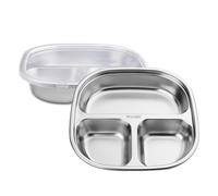 Thatyro 2 PCS 316 Stainless Steel 3 Compartments Plates with Lids, Metal Divided Plates Tray, Sectioned Plates Dishes Dinnerware Set for Food Portion Control Lunch Dinner Adult Home School (2)
