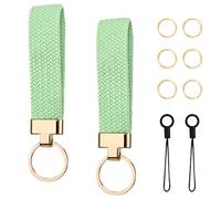 Thatyro 2 Pieces Nylon Woven Wristlet Keychain, Cute Wrist Lanyard with Extra 6 Keyrings & 2 String, Stretchy Key Chains Holder Strap Bracelet for Women Men Car Wallet Phone (Green)