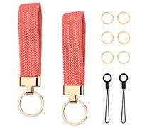 Thatyro 2 Pieces Nylon Woven Wristlet Keychain, Cute Wrist Lanyard with Extra 6 Keyrings & 2 String, Stretchy Key Chains Holder Strap Bracelet for Women Men Car Wallet Phone (Red)