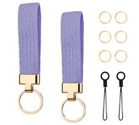 Thatyro 2 Pieces Nylon Woven Wristlet Keychain, Cute Wrist Lanyard with Extra 6 Keyrings & 2 String, Stretchy Key Chains Holder Strap Bracelet for Women Men Car Wallet Phone (Purple)