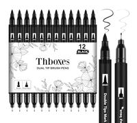 Thboxes 12 Pack Felt Tip Pens, Dual Tip Black Markers Washable Colouring Pens Water-Based Markers for Adults and Kids Art Drawing Sketching Journaling Calligraphy