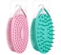 Thboxes 2 Packs Silicone Body Scrubber, Dual-Sided Shower Scrubber Hooks Exfoliating Body Scrub Brush Silicone Loofah Women Men Deep Cleansing and Massage Tool, Pink + Green, 13.5x8x3.5cm, 1.0 count