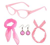 Thboxes 50s Costume Accessories, 1950s Fancy Dress Cat Eye Glasses Polka Dot Bandana Tie Headband Earrings Pink ladies Grease Fancy Dress for Women Girl Ladies Kids 1950s Retro Party Decor