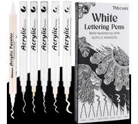 Thboxes 6 Pcs White Acrylic Paint Pens, Marker Fineliner Brush Pen Quick-Drying Different Sizes Waterproof White Fabric Pen for Clothes Wood Glass Ceramic Stone& Art Set for Valentine's Day Gift