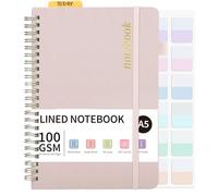 Thboxes A5 Notebook, 160 Pages A5 Lined Wirebound Spiral Notepad, 100GSM College Ruled Notebook with 24 Labels for Women Men Office School,15 X 21.5 cm, Pink