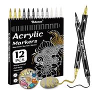 Thboxes Dual Tip Acrylic Paint Pens, 12 Pack, Black White Gold Silver | 1.5 mm Fine Tip + 1-5 mm Brush Tip, Water-Based Quick-Dry Ink, Works on Rock Glass Wood Fabric Ceramic and Paper