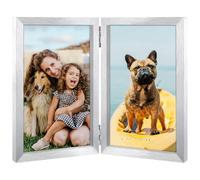 THCASITO 8x10 Double Picture Frame Vertical Wooden Hinged Photo Frame 2 Opening Folding Collage with Definition Glass, Silver
