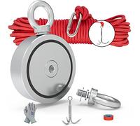 THCMAG Double Sided Magnet Fishing Kit with Grappling Hooks, Gloves, 1500lbs combined strength Strong Retrieval Neodymium Magnets with 65FT Rope for River Magnetic Recovery Salvage Fishing.