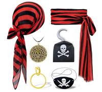 THDZS 6 Pcs Pirate Costume Accessories Set for Men Women Halloween Head Scarf,Sash,Necklace,Eye Patches Earring, PirateHook for Cosplay