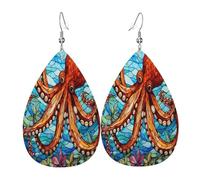 The abstract colored octopus Women's Teardrop Leather Earrings - Lightweight PVC Dangle Earrings, 925 Silver Hooks, Double-Sided Prints | Hypoallergenic Gift