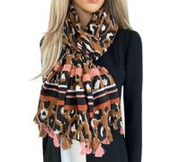 The Accessory Co. Ladies Large Leopard Print Scarf for Women, Animal NHS Colourful Rainbow Bright Striped, Shawl Wrap Long Neck Scarf (Tan Tassel)