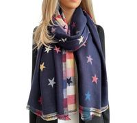 The Accessory Co. Star Blanket Scarf - Reversible Scarf Women Pashmina Shawl, Winter Scarfs Women, Large Wrap, Warm Scarf, Star Print Crinkle Pleated Ladies Scarves Long Wraps (Checked Star Navy)