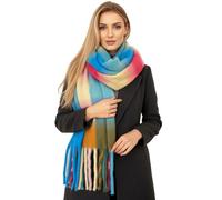 The Accessory Co. Tartan Scarf for Women - Oversized Checked Shawl Wrap, Rainbow, Wool, Large Warm Winter Scarf, Chunky and Fluffy, Stylish Colour Block Design, Womens Scarf
