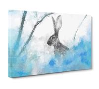 The Alert Hare In Blue Canvas Print | Gallery Wrapped 30mm Frame Wall Art | 20x14 inches | Ready to Hang | Modern Animals Picture | Living Room Bedroom Lounge Office