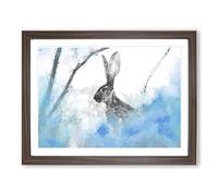 The Alert Hare In Blue Modern Art Framed Print | A2 Walnut Framed Wall Art | Ready to Hang | Modern Animal Picture | Living Room Bedroom Lounge Office