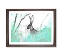 The Alert Hare In Green Modern Art Framed Print | A3 Walnut Framed Wall Art | Ready to Hang | Modern Animal Picture | Living Room Bedroom Lounge Office