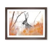 The Alert Hare In Orange Modern Art Framed Print | A2 Walnut Framed Wall Art | Ready to Hang | Modern Animal Picture | Living Room Bedroom Lounge Office