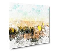 The Alhambra in Granada Spain Watercolour Modern Canvas Wall Art Print Ready to Hang, Framed Picture for Living Room Bedroom Home Office Décor, 14x14 Inch (35x35 cm)