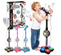 The All-in-One Microphone Toy, Kids Microphone with Stand Adjustable, Speaker & Led Lights, Fun Standing Karaoke Microphone - Move to Play & Echo Effect, for Phones/MP3/Tablets, (Pink)