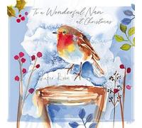 The Almanac Gallery Artistic Christmas Greeting Card - Wonderful Nan - 'Winter Robin' - Stunning Robin Illustration With Gold Foil Details - From The Great British Card Company