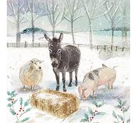 The Almanac Gallery Pack of 8 Charity Christmas Cards - 'Christmas Lunch' - Donkey, Sheep and Pig in the Snow - 8 Cards of 1 Design