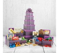 The Amethyst Gift Tower | 53cm 6-Tier Luxury Food Hamper with Chocolate Truffles, Award-Winning Biscuits, Fudge, Olives & Fruit Cake | Large Purple Boxes