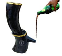THE ANTIQUE HOUSE Natural Viking Drinking Horn Mug with Stand Double Brass Trim Viking Style Beer Wine Mead Mug