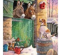 The Archive Collection Pack of 6 Artistic Charity Christmas Cards - 'Donkeys and Dog at The Stable' - 6 Cards of 1 Illustrated Design - From The Great British Card Company